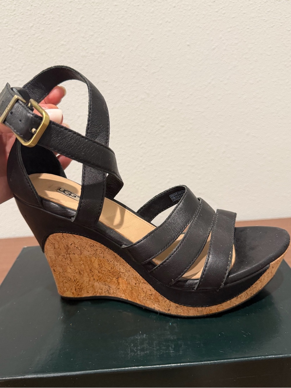 UGG Black Leather Cork Wedge Sandals with Buckle
